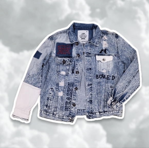 DNM Collection Medium Distressed Embroidered Reworked Denim Jacket - Picture 1 of 16